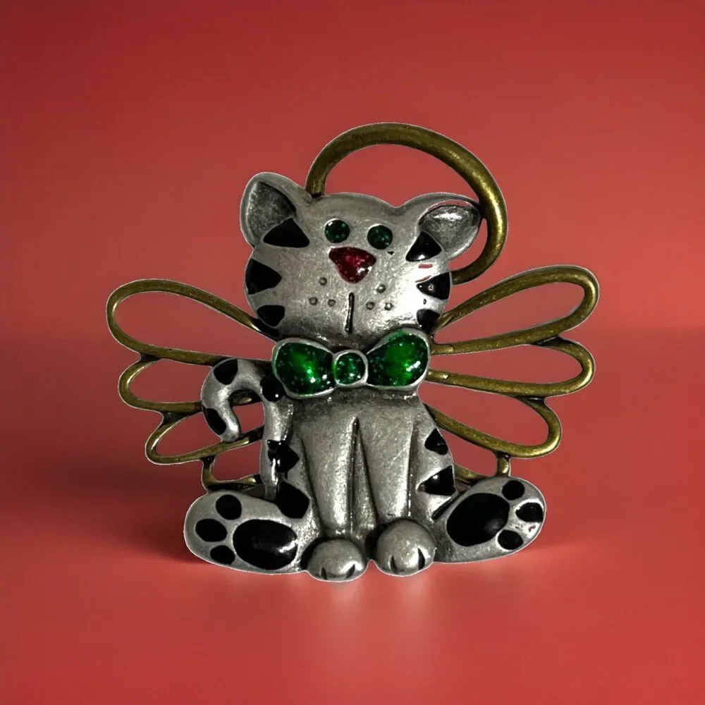 Vtg Kitten Angel Pin Brooch Green Bow Crazy Cat Lady Christmas Tabby Kitschy